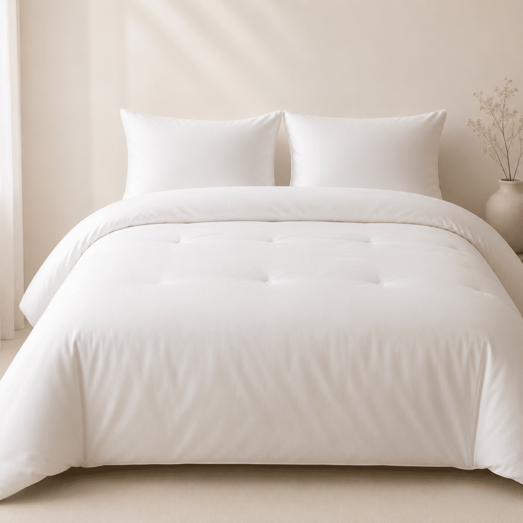 Couette gonflante Nuage blanche dépliée sur un lit deux places
